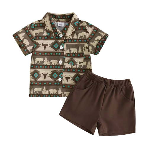 Gubotare Vacation Outfits for Boys Toddler Boy Summer Outfits Baby Boy Animal Print Short Sleeves Button Down Shirt Plaid Shorts Set Boy Clothes Set (Coffee,Size 6-9 Months)