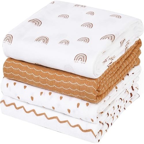 david's kids 4 Pack Baby Muslin Swaddle Blankets, 100% Cotton and Ultra Soft Breathable Receiving Blanket Wrap for Boys Girls, New Born Essentials, Rainbow/Wave