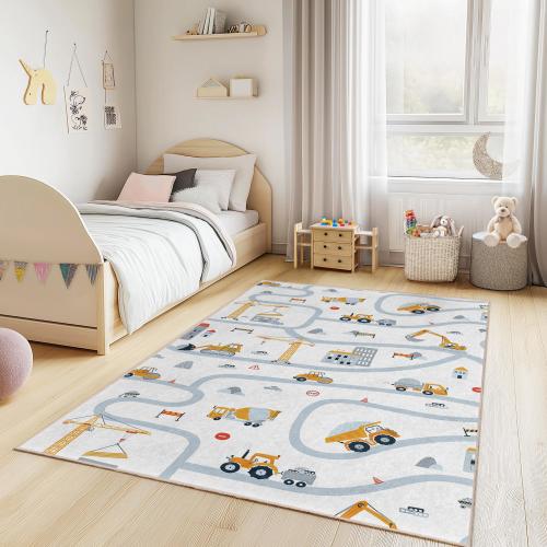Construction Site Kids Play Rug, Construction Vehicles Rug, Rectangle Play Mat for Kids Room, Soft Nursery Carpet, Road Map Rug