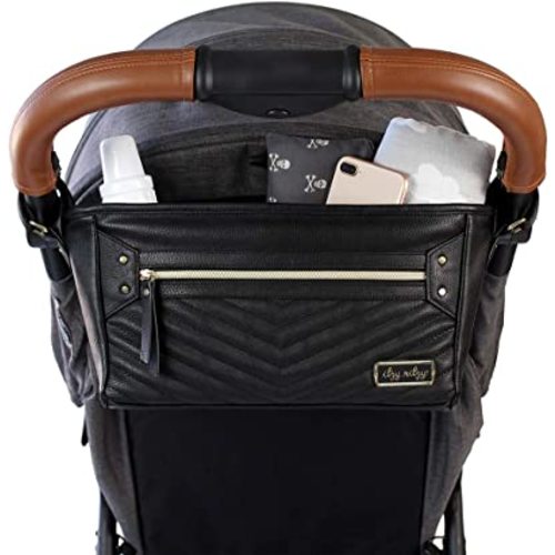 Itzy Ritzy Adjustable Stroller Organizer With Built-In Pockets, Zippered Pocket & Straps To Fit Any Stroller, Black with Gold Hardware