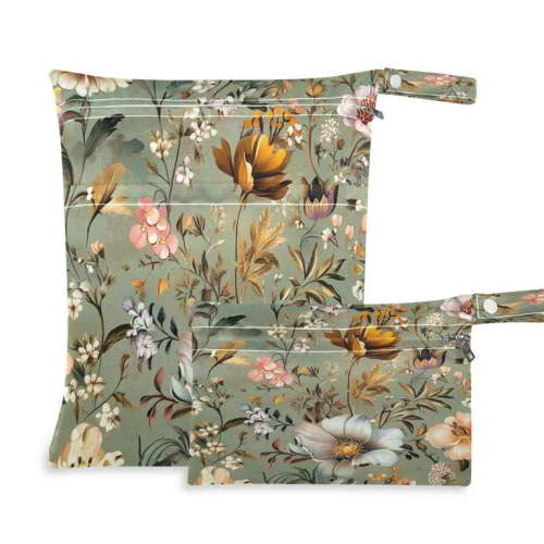 2 PCS Wet Dry Bags for Baby Cloth Diapers Reusable Waterproof Wet Bags for Stroller, Travel & Gym Pastel Vintage Floral