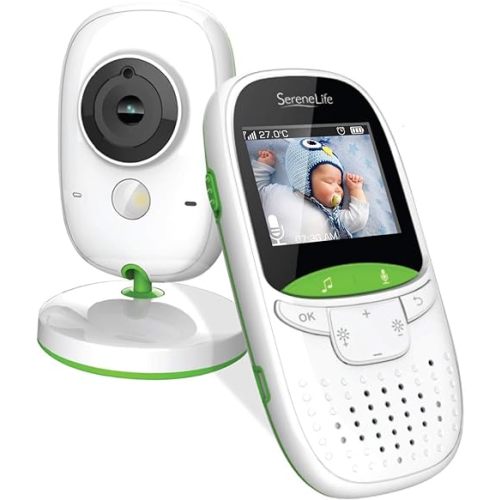 SereneLife USA Video Baby Monitor - Upgraded 850’ Wireless Long Range Camera, Night Vision, Temperature Monitoring and Portable 2” Color Screen with Clip - SLBCAM10.5, Green