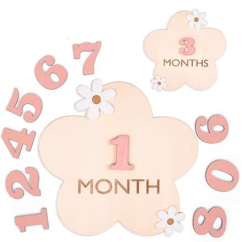Baby Monthly Milestone, Wooden Baby Milestone Signs, Monthly Milestone Wood Discs, Baby Milestone Discs, Baby Photo Props Cards Interchangeable Number Set of 12 for Baby Growth Recording (3D Flower)