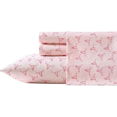 Wrangler - Queen Sheet Set, Super Soft Bedding Set, Luxuriously Soft Bedding Set, Yellowstone Inspired, Oeko-Tex Certified (Steer Skulls Pink, Queen)