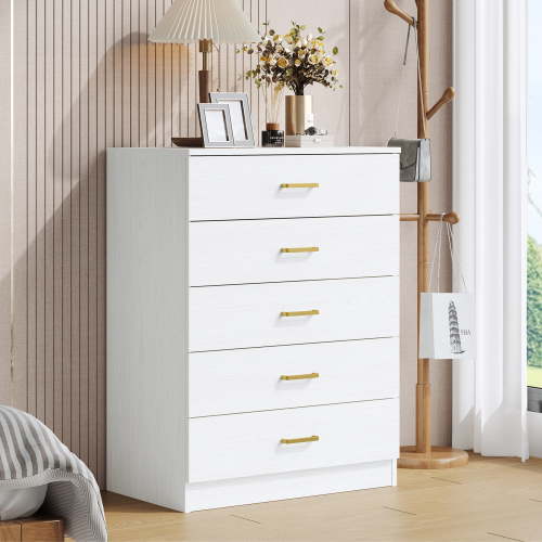 UHOMEPRO White 5 Drawer Dresser, Chest of Drawers for Bedroom, Modern Storage Cabinet Dresser Organizer Unit with Handle for Living Room, Closet, Hallway