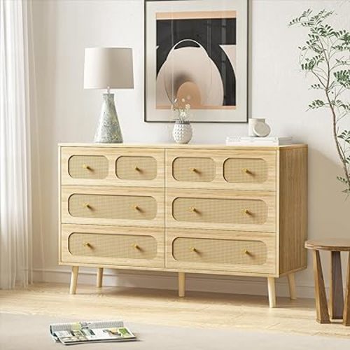 Rattan Dresser for Bedroom, Modern 6 Drawer Double Dresser with Gold Handles, Natural Wood Storage Dressers & Chests of Drawers, 6 Drawer Dressers