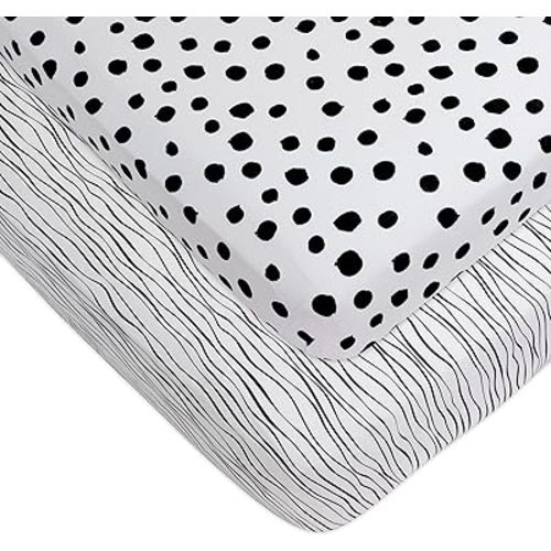 Pack n Play Playard Sheet | Portable Crib Sheet Set 2 Pack Black and White Abstract Stripes and Dots by Ely's & Co
