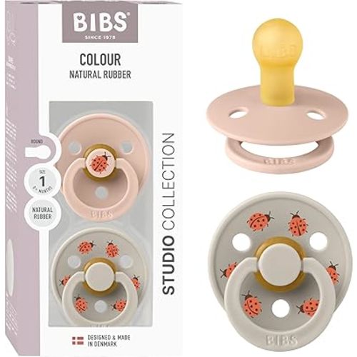 BIBS Colour Studio Soother 2-Pack, BPA Free Dummy Pacifier, Round Nipple. Natural Rubber Latex, Made in Denmark, Size 1 (0-6 Months), Blush/Sand