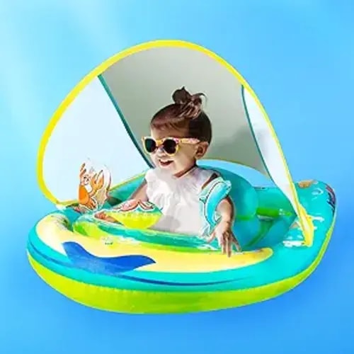 No-Rollover Baby Pool Float with Stabilized Triple Airbags, Raised Backrest Baby Swim Float W/Adjustable Safety Seat, Removable Baby Float with Canopy UPF50+, Toy Gifts for Infant Toddler 3-36 Months - Standard