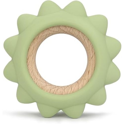 Baby Teething Toys Silicone Teethers with Wooden Ring Baby Teether Sensory Toys (Sunshine Green)