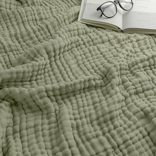 Comfy Cubs Throw Muslin Blanket, Large Size 50” x 60”, 6 Layer Cooling Cotton Softness, Breathable & Warm Throw for Bedroom, Living Room Couch (Sage, Throw - Muslin)