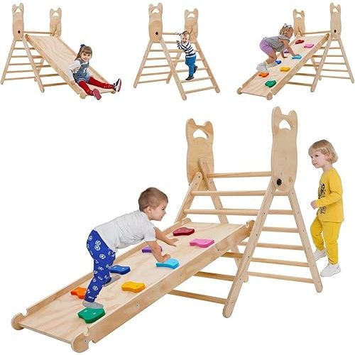 Montessori Pikler Triangle Set-Foldable Baby Climbing Gym with Ramp,Ladder-Toddler Climber Indoor Jungle Gym& Educational Toy