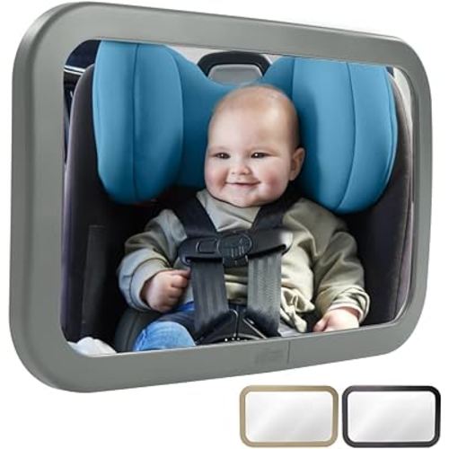 Gorilla Grip Wide View Baby Car Mirror, 360° Rear Facing Seat Rotation Shatterproof Mirrors, Crystal Clear, Child and Infant Backseat Safety, Secure Straps Stay in Place, Travel Gear for Babies, Gray