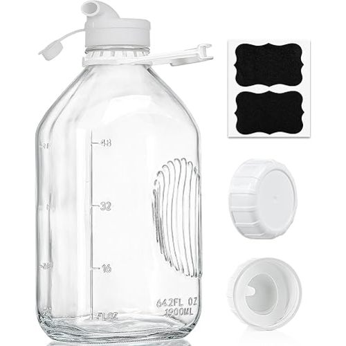 2 Qt Glass Milk Bottle with Reusable Strong Airtight SCREW LID, 64 Oz Glass Juice Bottles for Almond Milk, Oat/Nut Milk- 0.5 Gal Water Bottle with 2 Exact Scale Lines, Extra Handle AND Cap!