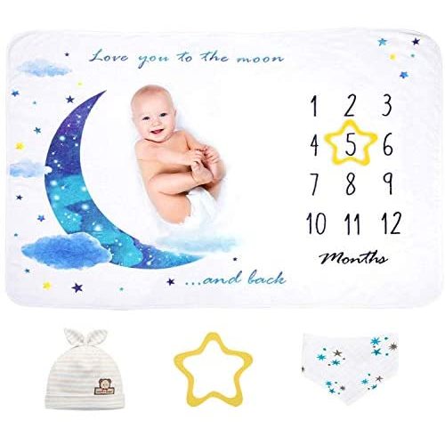 Baby Monthly Milestone Blanket, Unisex Baby Photo Blankets for Newborn Baby Shower, Plush Month Blanket for Boy and Girl, Growth Chart Nursery Blanket Includes Bandana Drool Bib & Baby Hat