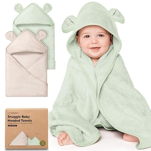 KeaBabies 2-Pack Hooded Baby Towels for Newborn - 30x30 Soft & Absorbent Viscose from Bamboo Baby Bath Towels with Hood for Infant, Toddler,Kids,Boys Girls,Newborn Bath Essentials (Almond, Petite)