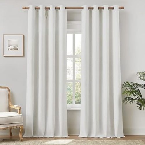 HOMEIDEAS 100% Ivory Cream Linen Blackout Curtains for Bedroom, 52 x 84 Inch Length 2 Panels Faux Linen Thermal Insulated Black Out Grommet Window Drapes for Living Room