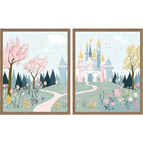 Princess Castle Nursery Decor Art Print Poster - Baby Girl Room Decorations Wall Art Cute, Child Fun Painting for Children Bedroom Bathroom AA19 (Princess Castle, 8 x 10 inches (2 Panels), Wood Frame)