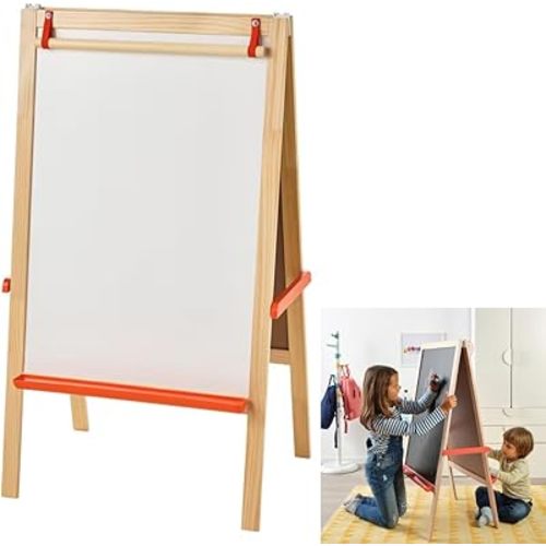 MÅLA Easel, softwood Kids Drawing Easel with Blackboard, Whiteboard, Canvas, Folding, Portable, Great Christmas Gifts for Kids