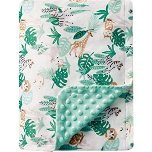 DaysU Silky Micro Soft Plush Baby Blankets for Boys with Print Animal Pattern and Soothing Raised Dots, Double Layer Bed Throws for Baby Crib, Jungle, Green, 30x40 Inches
