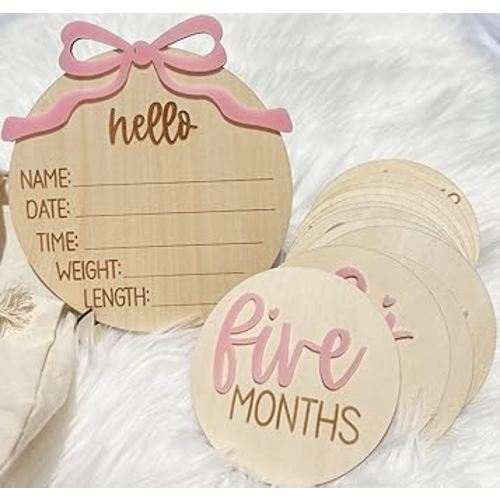 Monthly Baby Milestone Cards for Girls – 13 Wooden 3D Milestone Discs with Hello World Birth Announcement Sign – Newborn Photo Props for Baby Girl