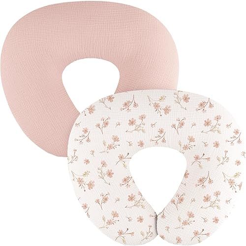 2-Pack Muslin Nursing Pillow Covers, Breathable 100% Cotton Breastfeeding Pillow Slipcovers for Standard Nursing Pillows, Soft Covers for Baby Girls and Boys with Zipper