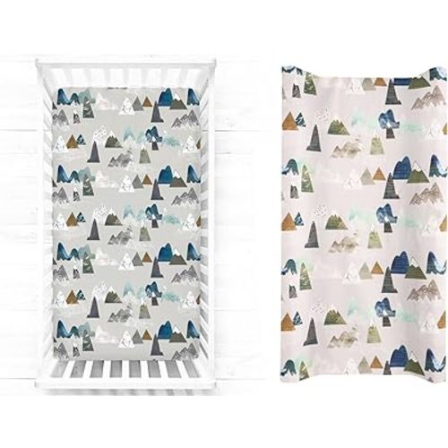 Boy Crib Sheet and Changing Pad Cover, Mountain Nursery Bedding, Mountain Sheets for Baby Toddler Mattress