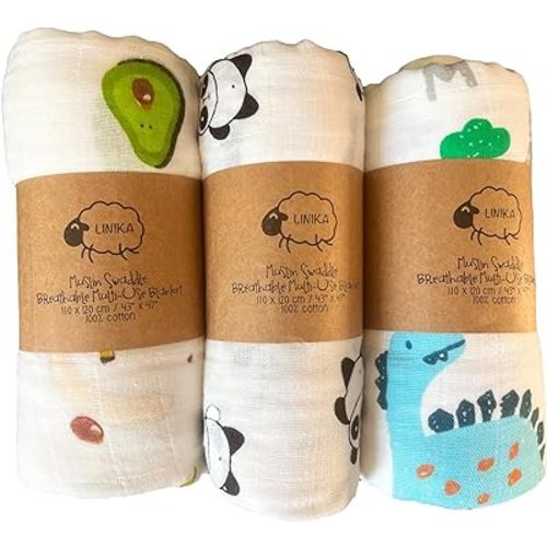 100% Organic Cotton Unisex Muslin Swaddle Blanket for Baby 3 Pack Hypoallergenic Breathable Baby Essentials Registry