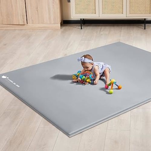 ANGELBLISS Baby Playpen Mat, 71"x 59"x 1.18" Self-Inflating Play Mat for Babies and Toddlers, Roll Up & Waterproof Foam Crawling Mat for Floor, Portable Playmat for Babies with Travel Bag Grey