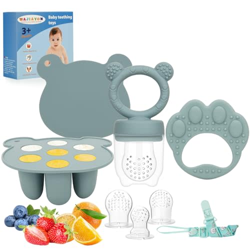 Baby Breastmilk Popsicle Molds & Baby Fruit Feeder (3 Pack), WAJIAYON Infant Food Freezer Tray Storage Containers, Silicone Teething Pacifier Feeder and Teether for Babies(Blue)