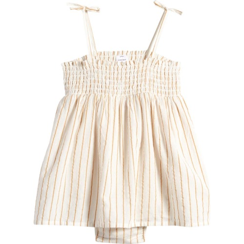 Baby Smocked Bodysuit, 18M, White-Tan Fine Stripe