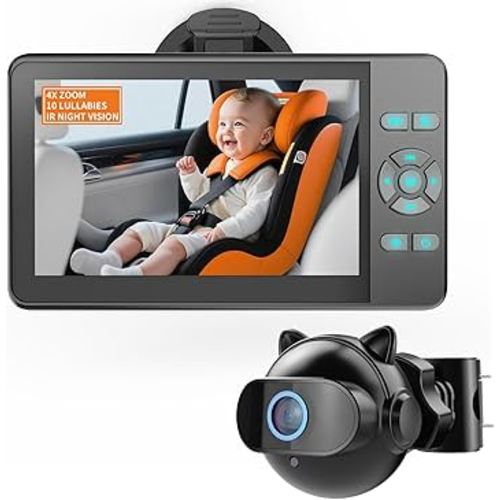 Baby Car Camera with 4X Zoom,10 Lullabies 4.3'' HD 1080P Rear Facing Carseat Mirror 3 Min Easy Install Auto IR Night Vision 360° Adjustable Clear Wide View Car Camera for Baby,Newborns,Pets