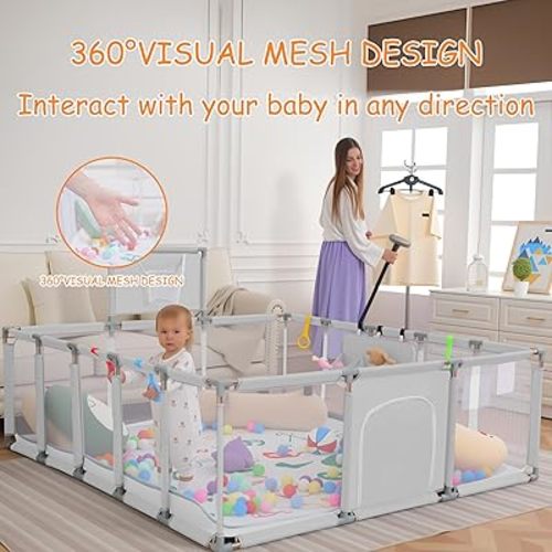 Baby playpen, 79"x71"Baby Playpen with Mat Indoor＆Outdoor Playpen for Babies and Toddlers with Breathable Play Pen with Ocean Balls Hanging Pocket Basketball Hoop (Light Gray)