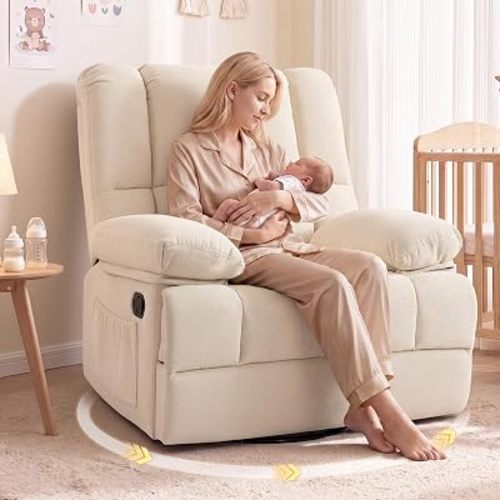 Oversized Nursery Rocking Chair with Thicked Armrests and Headrest, Beige