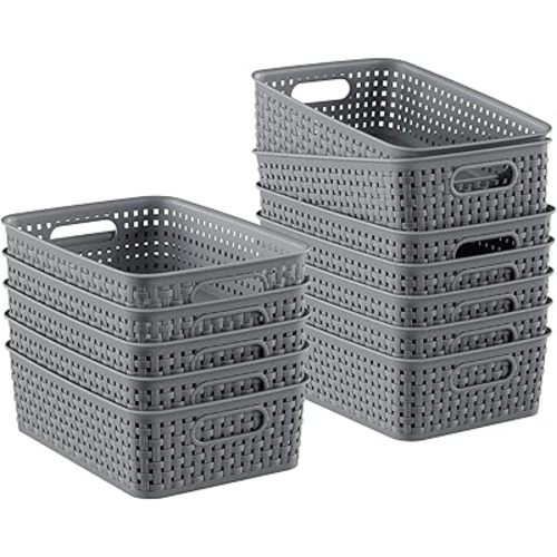 12 Pack Plastic Storage Baskets, Small Baskets for Organizing, Plastic Storage Bins Wicker Pantry Organizer Bins Household Toys for Laundry Room, Bedrooms, Kitchens, Cabinets, Countertops