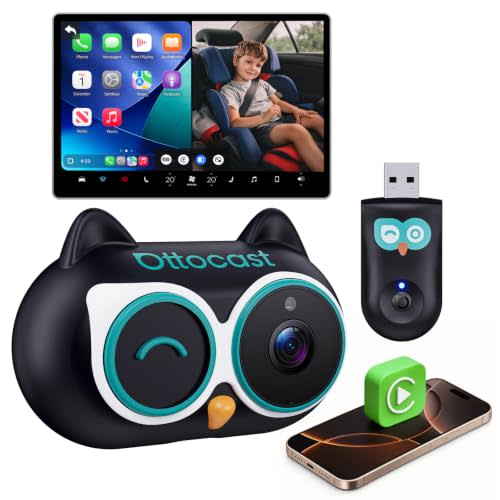 OTTOCAST Cabin Care Baby Car Camera with Wireless CarPlay, 1080P Rear Seat Monitor on Car Screen, No-Glow Night Vision, 150° Wide Angle, Split Screen, Plug & Play, No Android Support