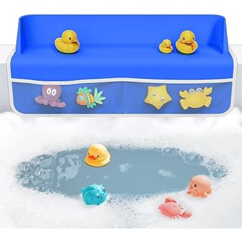 Bathtub Splash Guard - Kids Bath Tub Shelf and Organizer for Baby Bath Toys,8 Suction Cups Attach to Bath Tub with 4 Mesh Pockets - Dark Blue