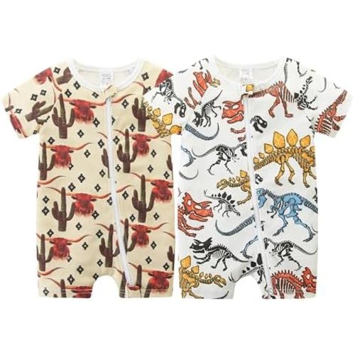 Unisex Summer Trendy 2-Pack Rompers Short Sleeve Zipped Bodysuit Infant Cotton Outfits