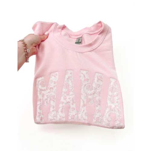 Mama Embroidered Applique Sweatshirt Tshirt Grand Millennial Pink Girl Mom. Mama pink floral embroidery. Gift for mom. Motherhood sweatshirt