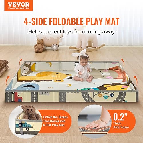 VEVOR Baby Play Mat, 55""x71"" Baby Crawling Mat, Non-Slip One-Piece Foam Baby Playmat, Foldable Portable Reversible Floor Mat with Travel Bag, Waterproof Activity Playmats for Babies, Toddlers, Infan