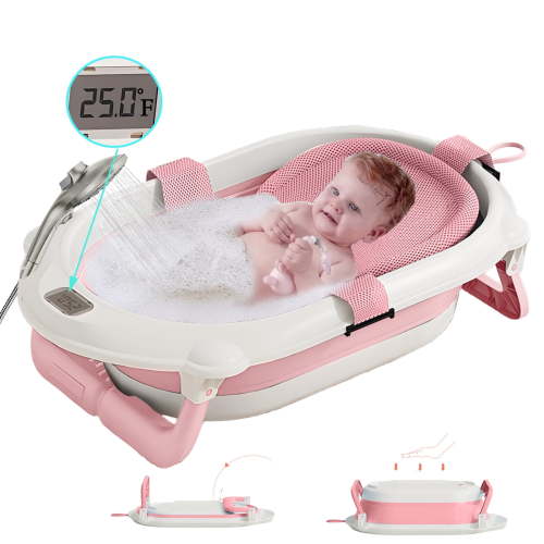 AJONALAA Folding Baby Bathtub with Real-Time Temperature & Showerhead Holder,Portable Infant Tub(Pink,Net)