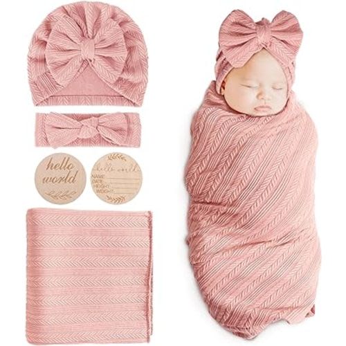 BQUBO Baby Swaddle Blankets for Girls, 4PCS Newborn Accessories Set with Matching Hat and Bow Headband with Card