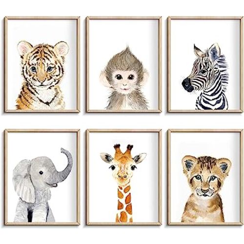 Nursery Baby Room Wall Art Decor, Jungle Nursery Baby Animal of Tiger Lion Elephant Decorations, Nursery Safari Cute Animal Decor for Baby Bedroom (8"x10", UNFRAMED)
