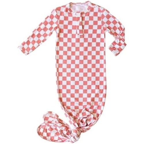 Checkered Knotted Gown Baby Newborn, Viscose derived from Bamboo, Infant Sleeper with Mittens, Baby Girl, Baby Boy