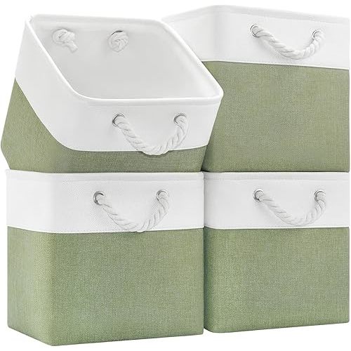 11x11 Cube Storage Bins,4 Pack Foldable Fabric Cube Organizer Bins with Rope Handles ,Storage Cubes for Organizing Bedroom, Living Room, Clothes and Toys, Shelves and Closet (White&Green)