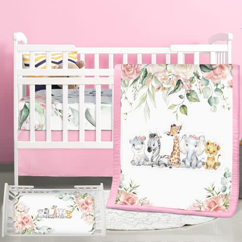 Hahafelt 3 Pcs Baby Crib Bedding Set Baby Safari Animals Bedding Set Watercolor Eucalyptus Jungle Animals Includes Quilt, Fitted Crib Sheet, Skirt for Boy Girl(Pink,Flower Jungle)