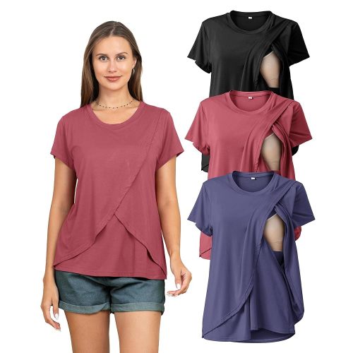 Rnxrbb 3 Pack Women's Nursing Tops for Breastfeeding Summer Short Sleeve T Shirts Postpartum Double Layer Clothes