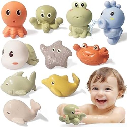 Mold Free Bath Toys for Kids Ages 1-3, 10PCS Silicone Animal Baby Bath Toys for Babies 6-12 Months, No Mold Bathtub Toys Toddlers 2-4, Bath Squirt Toys Floating Water Pool Toys Gifts for Boys Girls