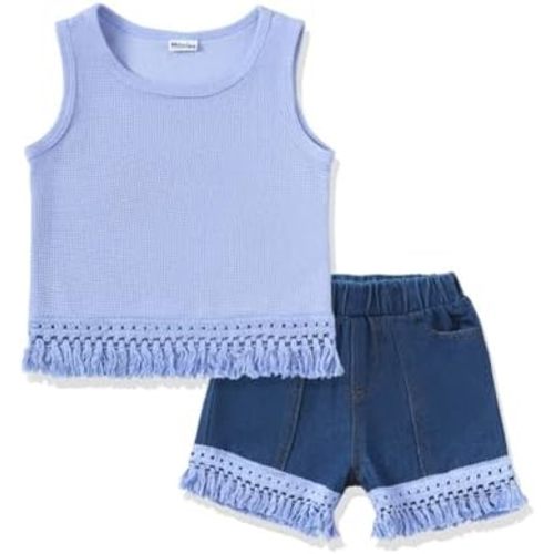 Mikrdoo Baby Girl Clothes Toddler Girl Summer Outfits Shirts Tops Ripped Denim Shorts Set Little Girl Clothes