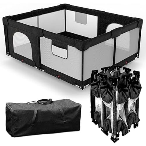 Foldable Baby Playpen,Collapsible Playpen for Babies and Toddlers, Extra Large Foldable Playpen for Baby with Gate, Baby Activity Center with Fence, Portable Travel Play Pen (Black 59"×71")
